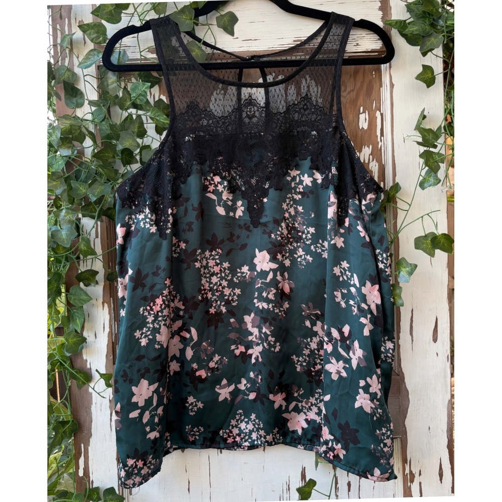 Maurices Womens Floral Lace Yoke Sleeveless Blouse Teal Pink Sz L Forest Fairy
